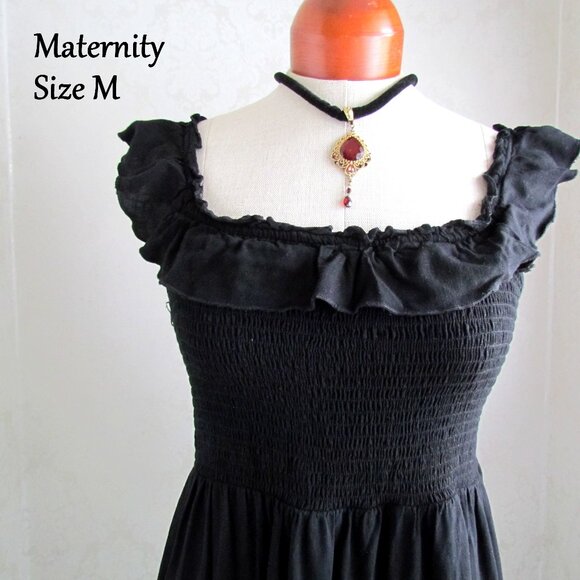 BLACK MATERNITY MAXI DRESS, M, SLEEVELESS w RUFFLES, STRETCH BODICE, COMFORTABLE - Picture 1 of 10